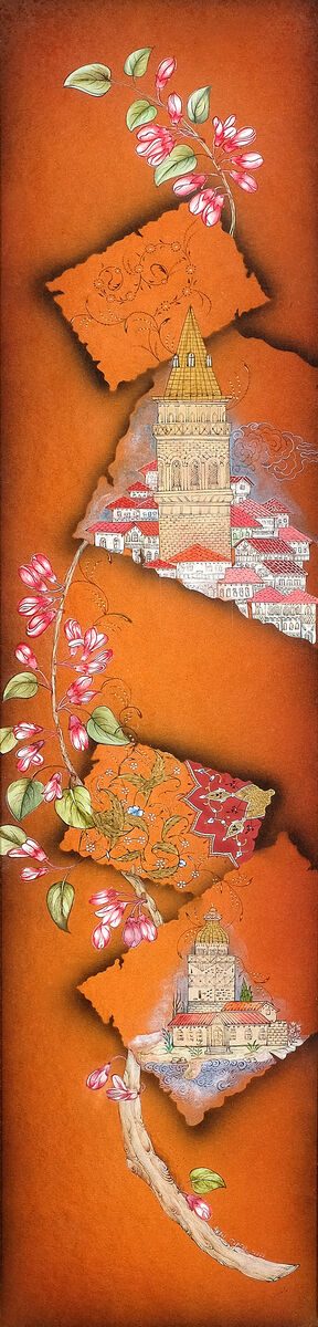 Miniature painting with Galata Tower and blossoming branches